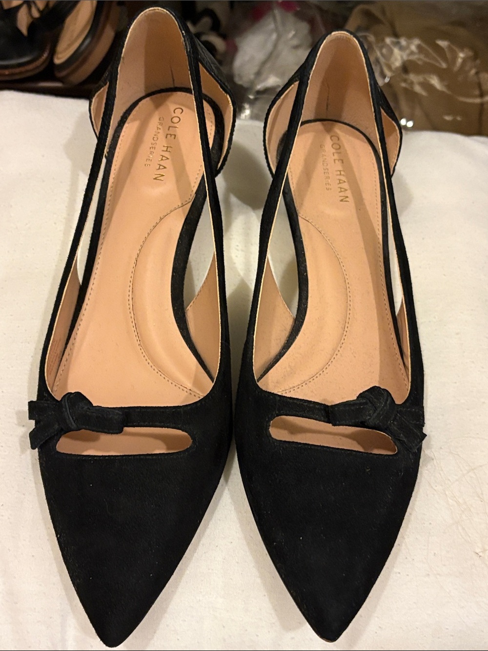 Cole Haan Black Suede Pointed Toe Slingback Flats with Bow Accent